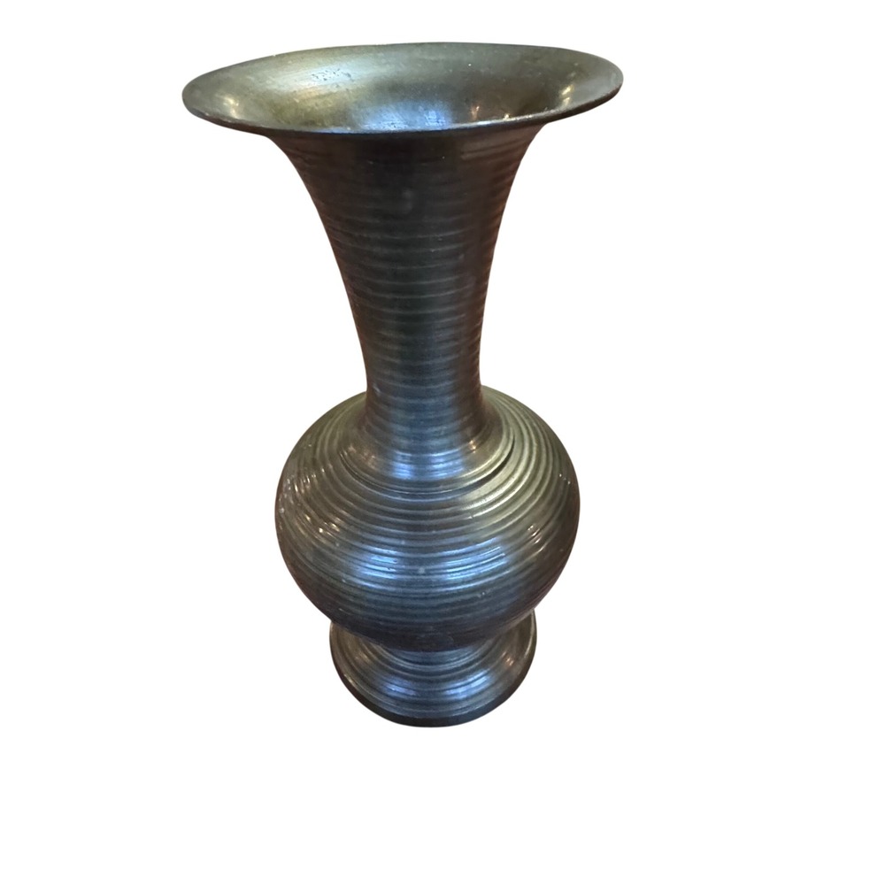 Vintage India Brass Ribbed Bud Vase 6 Inch‎ Flared Trumpet Ringed Metal Decor